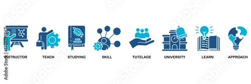 Tutoring icon set In Blue Monochrome Flat Design vector illustration concept for instructor, teach, studying, skill, tutelage, university, learn and approach