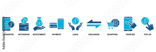 Mobile banking icon set In Blue Monochrome Flat Design vector illustration concept for transfer, withdraw, investment, payment, loan, exchange, shopping, verified and top-up