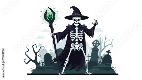 Spooky Skeleton Sorcerer: A menacing skeleton sorcerer, cloaked in darkness and wielding a mystical staff, presides over a graveyard on a haunting Halloween night.