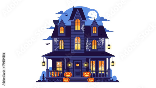 Spooky House: Spooky scene depicts a haunted house, evoking the atmosphere of Halloween, with a full moon, illuminated windows, and eerie decor.