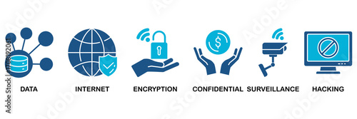 Privacy icon set In Blue Monochrome Flat Design vector illustration concept for data, internet, encryption, confidential, surveillance and hacking