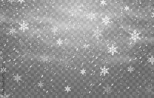 Vector falling snowflakes on png background. Vector heavy snowfall. White snowflakes flying in the air. Snow flakes, snow and blizzard. Christmas snow. Isolated on transparent background