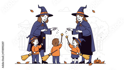 Halloween Enchantment: Two witches, adorned in classic pointed hats and capes, enchant the younger ones. Together, they create a magical atmosphere.