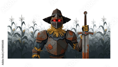 Guardian of the Harvest: A formidable figure stands guard, a metallic scarecrow with glowing eyes, a resolute presence amidst the golden corn stalks, embodying a mix of nature and medieval fantasy.