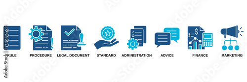 Guideline icon set In Blue Monochrome Flat Design vector illustration concept for rule, procedure, legal document, standard, administration, advice, finance, marketing�