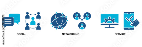 SNS icon set In Blue Monochrome Flat Design vector illustration concept for social networking service with icon of communication, chat, community, internet, and user