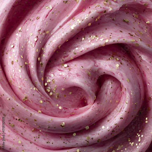 Pink Cream Swirl With Gold Sprinkles, Macro Dessert Texture