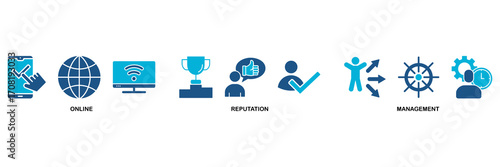 ORM banner web icon vector illustration concept for online reputation management with icon of internet, browser, winner, trust, favorite, and business