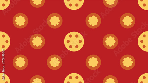 Repeating Pattern of Stylized Flower Shapes and Circles on a Red Background Keywords: repeating, pattern, background, texture, red, orange, yellow, flower, floral, stylized, geometric, circle, dot