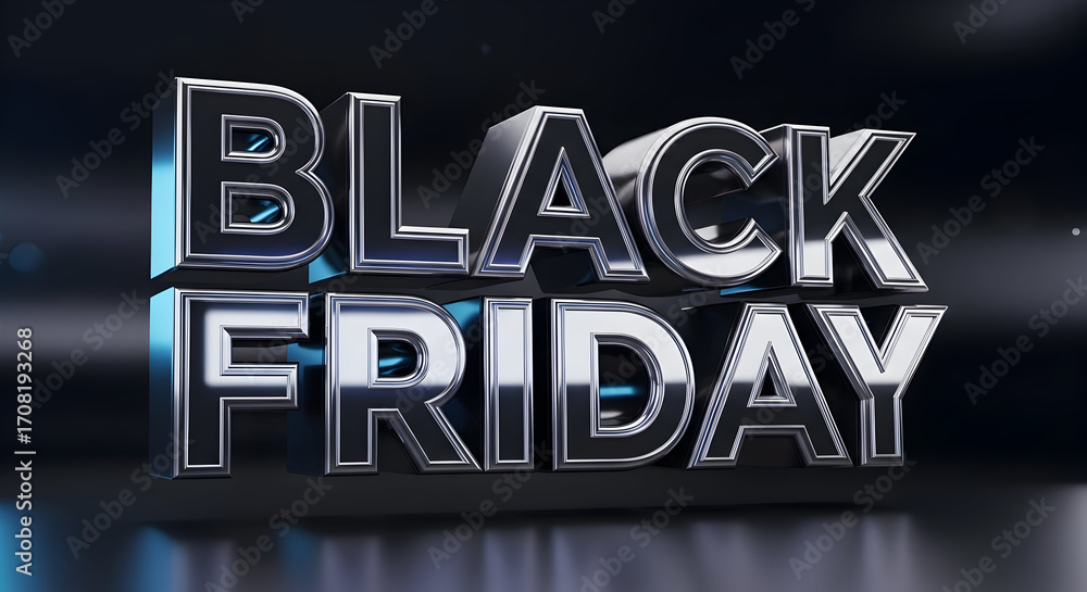 Fototapeta premium Elegant Black Friday Promotion with Chrome Metallic Text and Glossy Black Backdrop