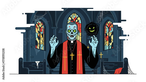 Zombie Priest in Eerie Church: A chilling illustration presents a zombified priest amidst the Gothic grandeur of a church, with vibrant stained glass windows.