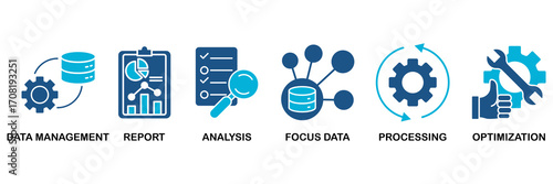 Data analysis icon set In Blue Monochrome Flat Design vector illustration concept for data management, report, analysis, focus data, processing, optimization