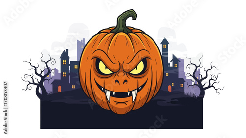 Pumpkin's Spooky Glow: The ominous, yet charming, jack-o'-lantern stares fiercely amidst a night-time silhouette of eerie silhouette of building, setting the scene for Halloween night.