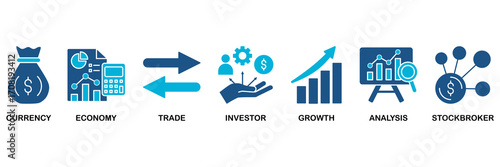Forex icon set In Blue Monochrome Flat Design vector illustration concept for currency, economy, trade, investor, growth, analysis and stockbroker