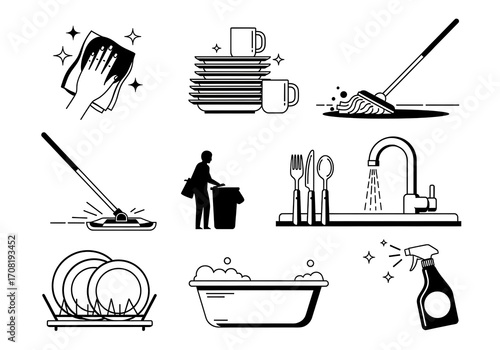 Set of Cleaning Icons with Mops Dishes and Spray Bottle