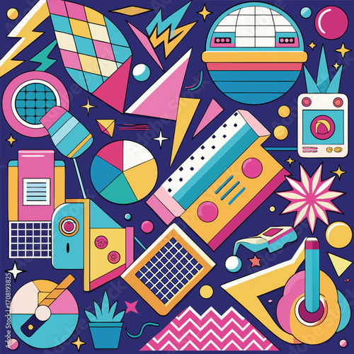 Retro 80s Memphis Style Geometric Shapes and Objects Collage vector illustration