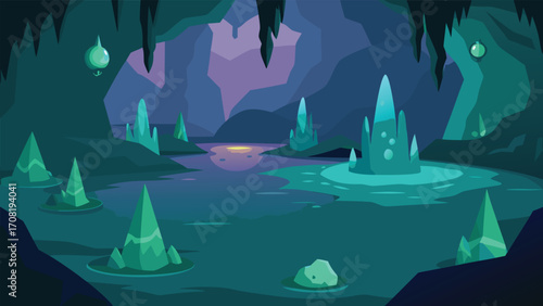 Mysterious glowing crystal cavern underground landscape vector illustration scalable eps art