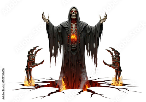 A skeletal figure, draped in a dark robe, emerges from a fiery chasm against a stark black backdrop.
