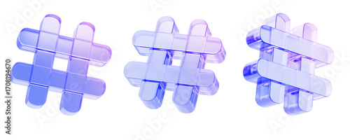 3d glass holographic hashtag symbol set in different angles. Crystal gradient number, lattice or pound sign. Hash tag icon for chat message or network post, isolated typography object