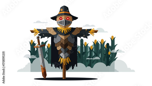 The Guardian of Harvest: A fierce scarecrow, armed and armored, stands sentinel over a field of corn. A captivating illustration captures the spirit of protection and rural life.