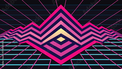 Retro Futuristic Landscape with Neon Grid and Jagged Mountain Peaks vector illustration