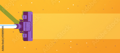 Cleaning yellow carpet with vacuum cleaner top view. Horizontal banner