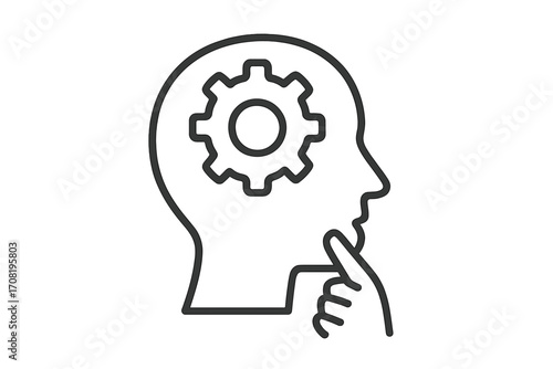 Thinking process icon. Human head with gear inside. Brain, mind, logic and creativity concept. Psychology, strategy, and problem-solving metaphor. Line vector illustration.