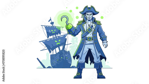Adventure on the High Seas: A captivating illustration of a formidable pirate stands tall against a mystical backdrop, complete with his ominous vessel.