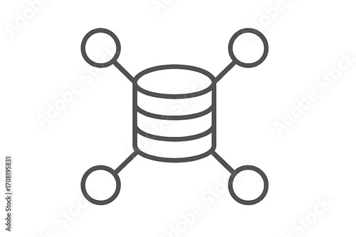 Database icon. Data server symbol. Network hub, connections. Big data, data mining. AI, artificial intelligence concept. Technology, machine learning. Decentralized system.