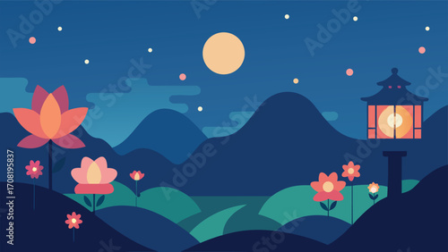 Serene mountain landscape at night with glowing lotus flowers and lanterns under the moon