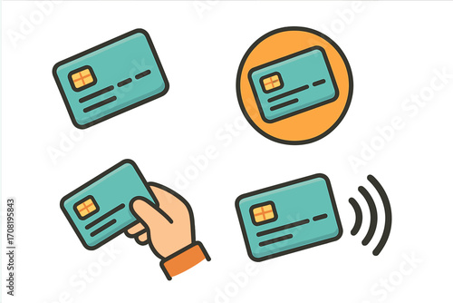 Bank card icon set for payment. Vector illustration of credit card, contactless NFC pay symbol, and hand holding card. Concept for finance, online shopping and money transfer.