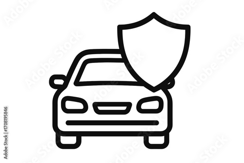 Car insurance icon. Vehicle protection and auto security concept. Automobile with safety shield. Metaphor for transport warranty, guard, and guarantee. Vector line art.