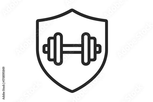 Fitness protection shield with dumbbell icon. Gym logo concept for strength training and workout safety. Bodybuilding powerlifting emblem for physical security and health.
