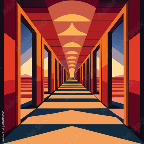 Surreal Geometric Hallway with Sunset View