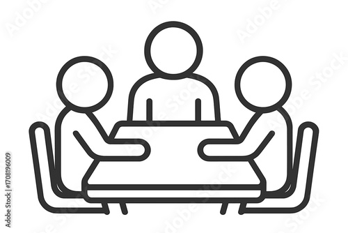 Business meeting simple line icon. Group of people sitting at a conference table. Teamwork, collaboration, discussion concept. Corporate negotiation or job interview vector pictogram.