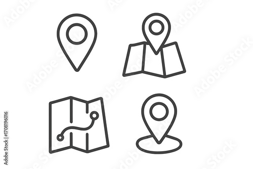 Location pin and map icon set. GPS navigation, route finder, destination pointer symbols. Simple outline vector graphic for travel app and web interface. Place marker.