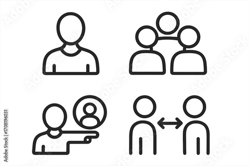 Vector icon set showing people change. Metaphor for employee replacement, job swap, team restructuring. Human resources, recruitment, career concepts. Linear cartoon illustration.