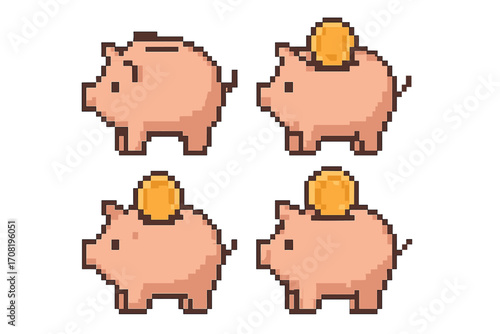 Piggy bank pixel art icon set. 8-bit vector illustration for finance, saving money, and investment concepts. Retro game sprite collection showing a coin going into a pig bank.