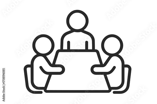 Business meeting line icon. Teamwork concept. People sitting at the table. Office conference, discussion, brainstorming session. Group working together. Corporate leadership.