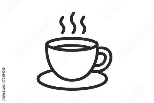Coffee cup icon vector line art illustration. Hot drink, steam, beverage symbol for cafe menu, website, or app. Minimalist pictogram of espresso or cappuccino mug.