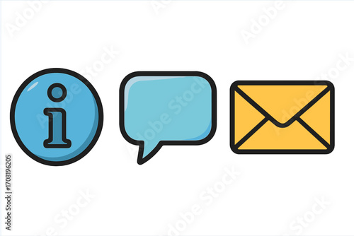 Contact us icon set with information, speech bubble, and mail envelope symbols. Vector cartoon illustration for customer service, support, communication, and help desk.