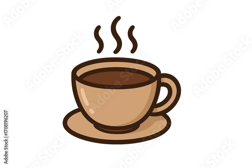 Steaming coffee cup icon. Vector cartoon illustration of a mug with hot beverage. Isolated flat design element for coffee shop, morning break, cafe logo or menu graphic.