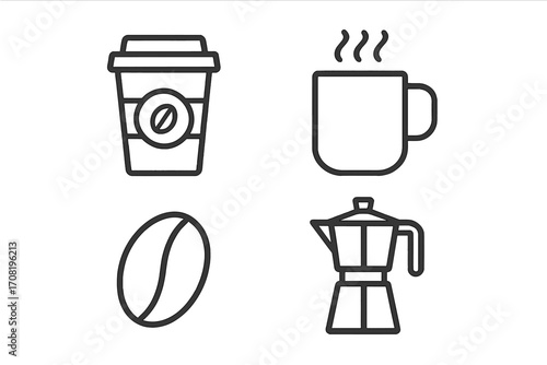 Coffee icon set line art pictogram. Minimalistic vector symbols for web graphic design. Coffee bean, cup to go, steaming mug, moka pot espresso maker. Breakfast drink.