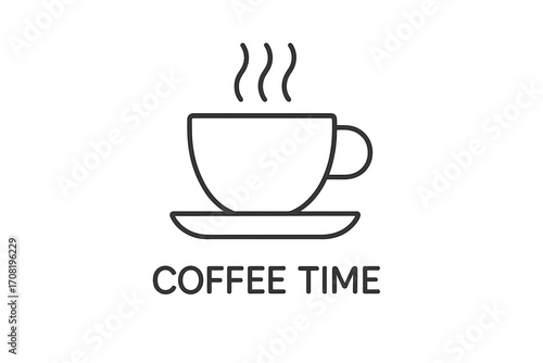 Coffee time vector icon. Minimalist line art illustration of a hot steaming cup on a saucer. Sign for cafe, coffee shop menu, or break time. Hot drink symbol for web.