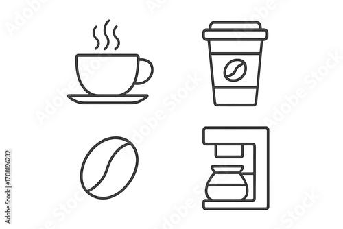 Coffee icon set. Minimalistic outline icons for web and graphic design. Coffee cup, bean, paper cup and coffee machine. Hot drink, beverage and caffeine symbol collection.