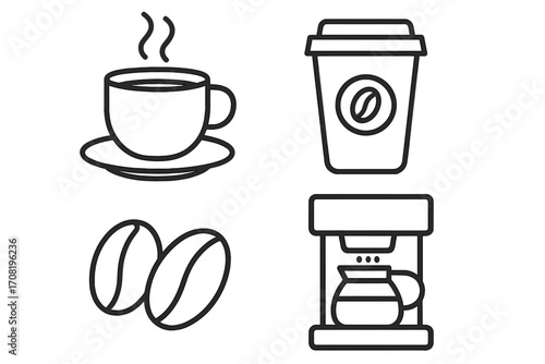 Coffee icon set line art. Simple outline symbols of hot drink, espresso cup, takeaway paper cup, coffee beans, and drip brewer machine for cafe menu, web, and apps. Vector.