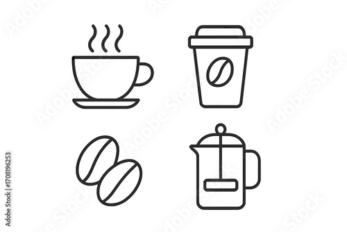 Coffee icon set. Minimalistic thin line icons. Hot coffee cup, to-go cup, beans, french press. Vector for cafe menu, web design, apps. Morning caffeine break symbol.