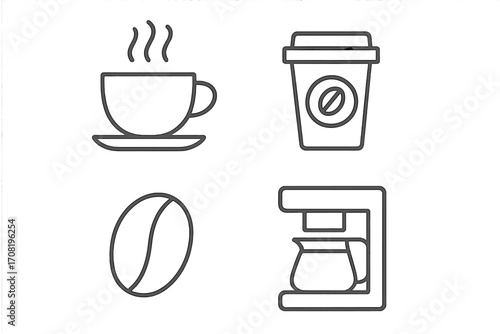 Coffee icons set. Thin line vector symbols for web, apps. Includes hot drink cup, takeaway paper cup, coffee bean, and coffee maker machine. Minimalist outline style.