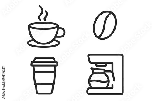 Coffee icon set in a linear outline style. Vector symbols for cafe menu, barista, and coffee shop. Contains coffee maker, bean, hot drink, and to-go paper cup illustration.