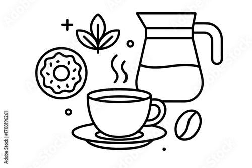 Coffee time outline icon set. Linear graphic for cafe menu, web design. Hot coffee cup, pot, donut, bean vector illustration. Breakfast concept simple line art design element.